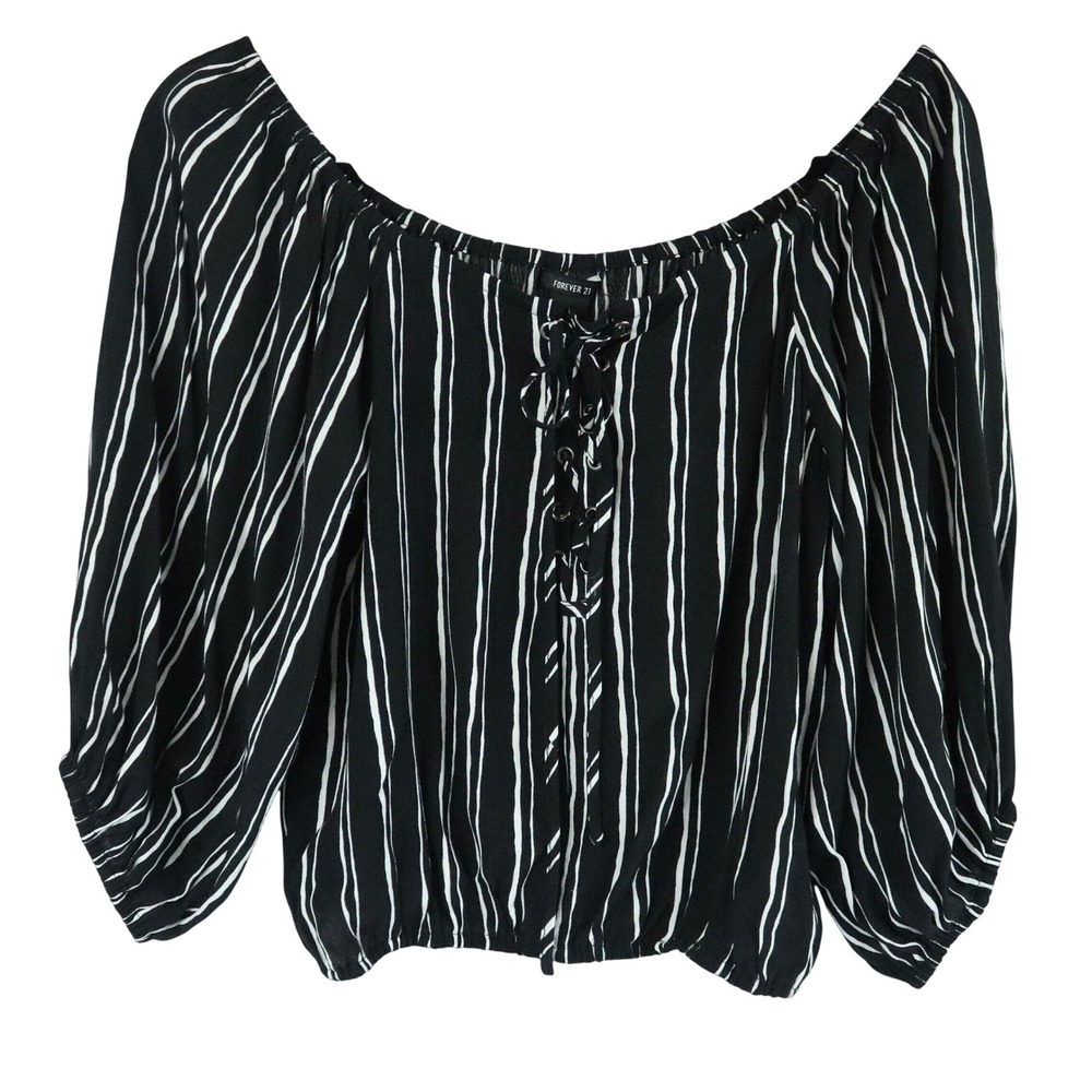 NEW Forever 21 Black Striped Lace Up Off Shoulder Top Womens Size Large